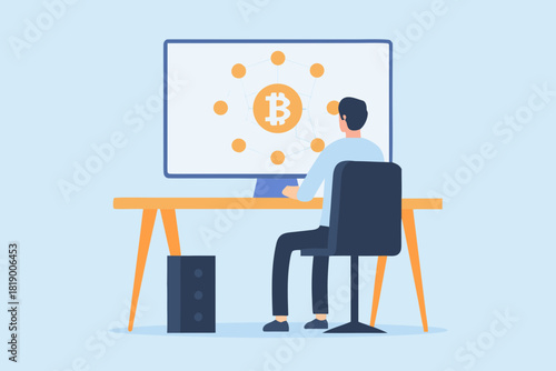 Man analyzing bitcoin network on computer screen in a modern office