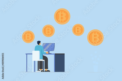 Man working on computer with bitcoin cryptocurrency network illustration