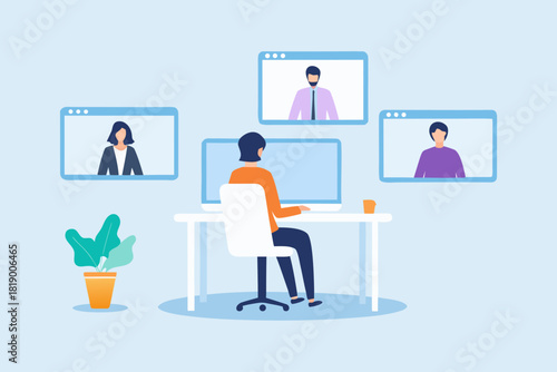 Woman in video conference call working from home illustration