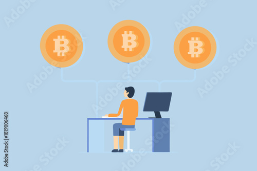 Man at desk trading bitcoin cryptocurrency on computer illustration
