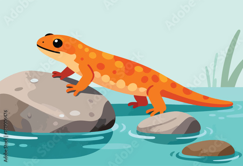 A vibrant orange newt with black eyes perches on a rock in a serene body of water