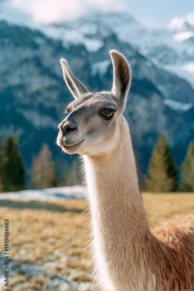 Obraz premium Close-up portrait of an alpaca standing in a scenic mountain landscape with snow-capped peaks in the background