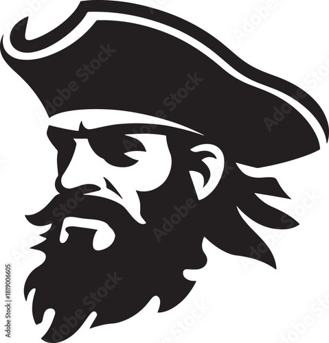 Iconic pirate head profile with beard and tricorne hat emblem symbol