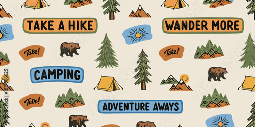 Seamless pattern with camping hiking and adventure elements