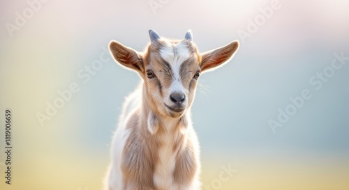 Adorable Young Goat Kid with Soft Fur and Emerging Horns in Gentle Light