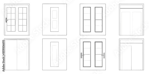 Line art illustration of various door styles for architectural design