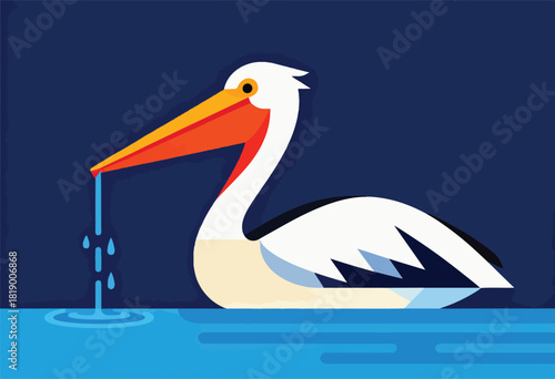 A stylized pelican with a long orange beak drips water into a blue pool against a dark blue background