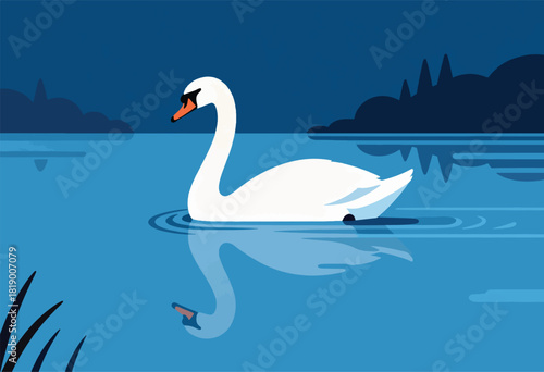 A serene swan floats gracefully on water, with a simple, yet stylized, reflection beneath. Blue tones