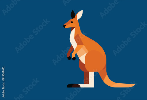 Geometric illustration of a kangaroo in a stylized pose, facing left, on a deep blue background
