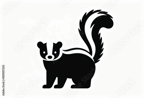 Black and white stylized skunk illustration with its iconic stripe pattern and fluffy tail, on a white background