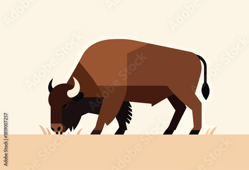 A minimalist illustration of a bison grazing in a field with geometric shapes and soft earth tones