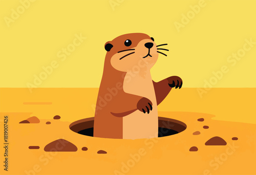 A cartoon groundhog peeks out of its burrow on a yellow-toned background, rendered in a minimalist style