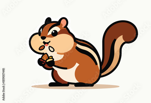 A cartoon chipmunk, with large cheek pouches full of seeds, holds nuts, brown and white colors