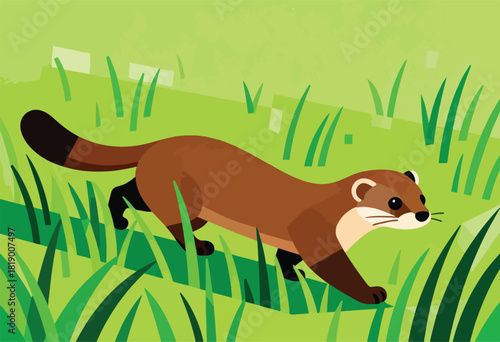 Vector illustration of a brown ferret walking through green grass and foliage, with simplified stylistic details