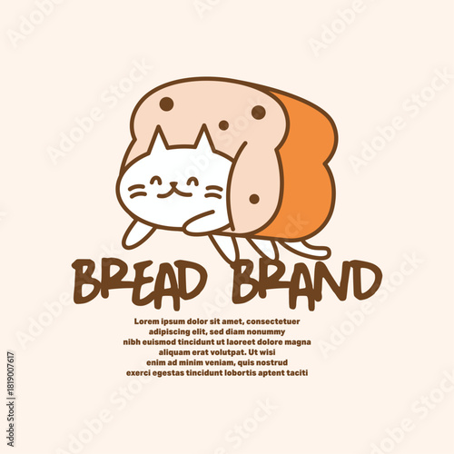 Charming bakery logo featuring cute cat mascot wrapped inside bread loaf. Whimsical illustration with pastel colors for cafe branding and packaging design.