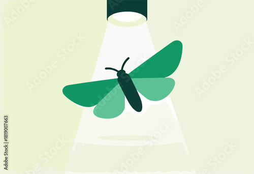 A stylized illustration features a green moth caught in a spotlight, set against a soft, pale green background