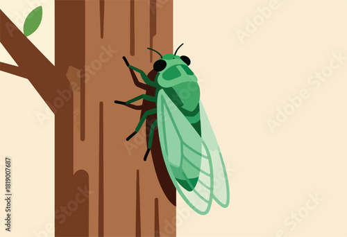 Stylized, cartoon-like illustration of a cicada clinging to a tree trunk, with a green leaf and neutral backdrop