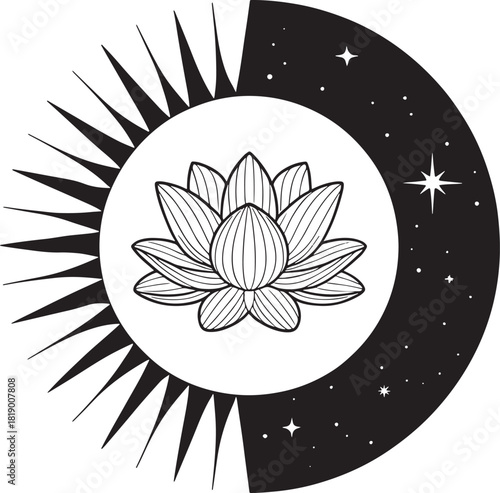 Elegant minimalist sun moon and lotus flower symbol merged for spiritual harmony vector
