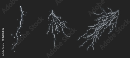 Set of three realistic lightning bolts with electrical discharge effects, perfect for storm and weather graphics