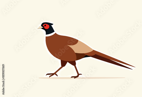 Illustration of a stylized pheasant in a walking pose, showcasing brown, black, and red hues. Clean lines on a neutral background