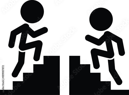 Two stick figures climbing separate staircases symbolizing progress