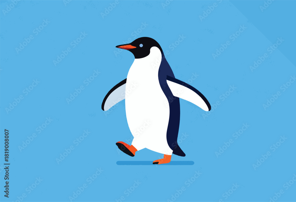 Fototapeta premium A stylized penguin walks, body white and black with orange feet and beak, on a textured blue background