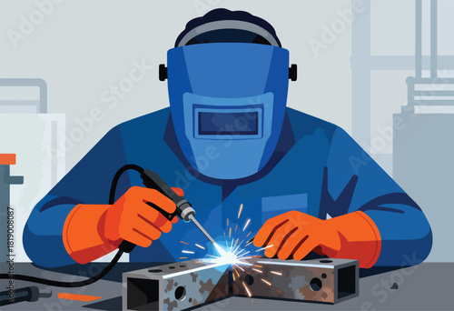 An illustrated welder in blue jumpsuit and orange gloves using a welding tool, creating sparks
