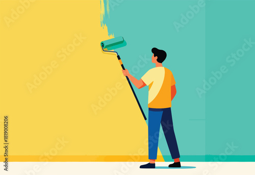 A person with a paint roller in a minimalist style painting a wall yellow and teal