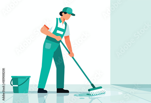 Vector illustration of a person mopping a floor. A bucket sits near. The cleaner wears work clothes and a cap