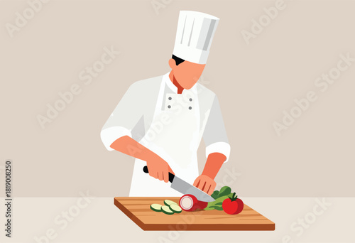 A chef in white attire, hat, and apron, skillfully chops vegetables on a wooden cutting board with a knife