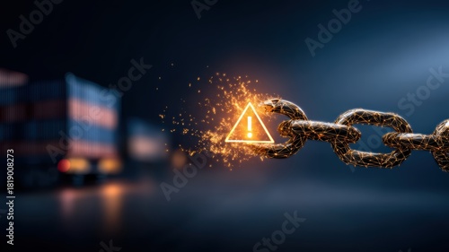 supply chain management logistics risk management. A glowing warning symbol emerges from a breaking chain in a dark setting.