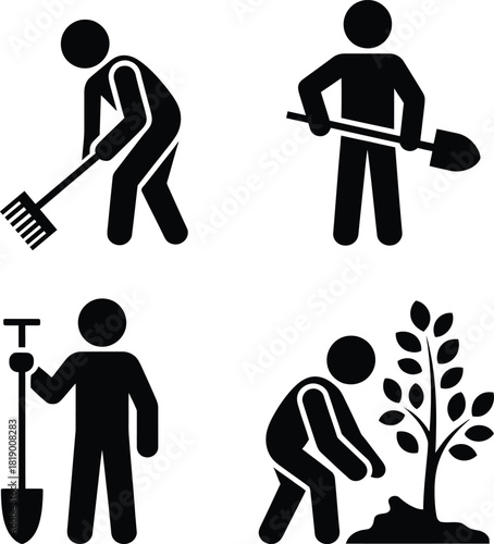 Gardening, planting, digging and raking stick figure icons set.