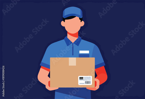Flat vector illustration of a delivery person in uniform holding a package against a dark blue background