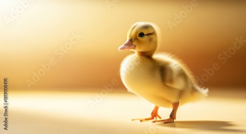 Adorable Fluffy Yellow Duckling Standing in Golden Light with Soft Focus