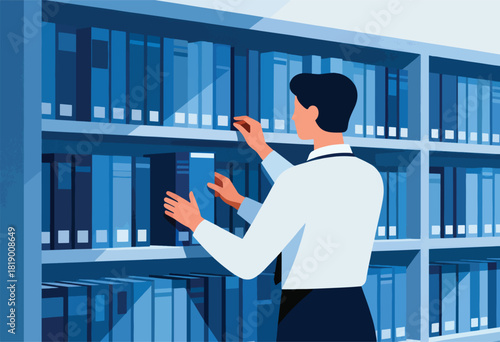 An illustration shows a person in white shirt with black tie reaching for a book on library shelves