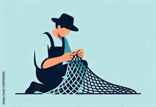 A person in a hat and overalls mends a fishing net, kneeling on a light blue background