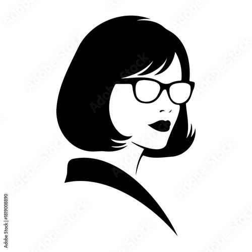 Silhouette of a woman with bob haircut and glasses in black and white