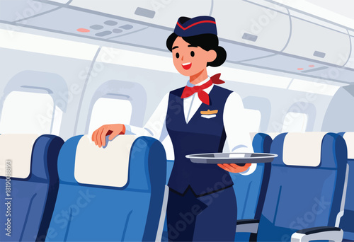 Cartoon of a smiling flight attendant holding a tray in an airplane cabin, near passenger seats