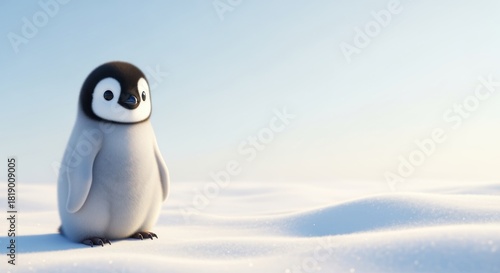 Adorable Baby Penguin Standing Alone in a Vast, Snowy Winter Landscape
