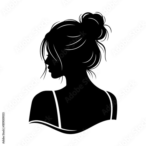Silhouette of a woman with a messy bun looking over her shoulder art