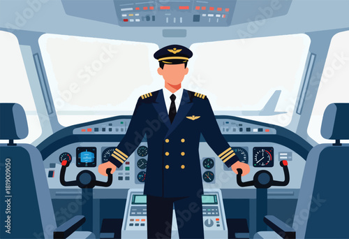 A stylized pilot stands in the cockpit of an airplane, hands on the controls, ready for takeoff. View is from front