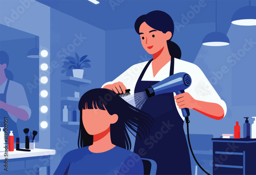 A hair stylist dries a client's hair with a blow dryer and comb in a blue-toned salon