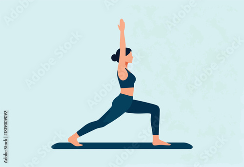 Illustration of a woman in yoga's Warrior I pose. She is in exercise clothes on a mat, arms raised