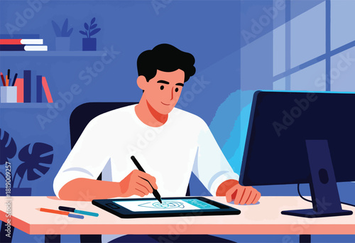 A man in a white shirt, seated at a desk, uses a tablet and pen while looking at a monitor