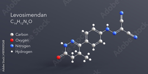 Fototapeta Naklejka Na Ścianę i Meble -  levosimendan molecule 3d rendering, flat molecular structure with chemical formula and atoms color coding