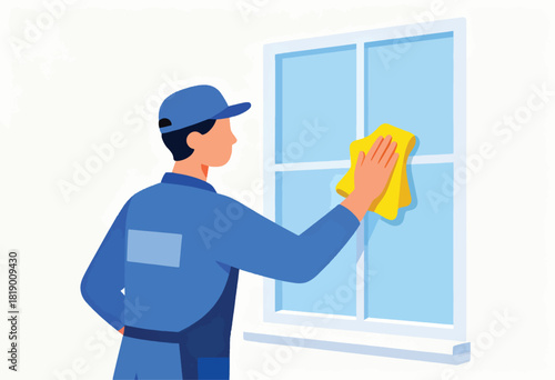 A person in blue uniform cleaning a window with a yellow cloth, viewed from behind. Light blue window and white wall