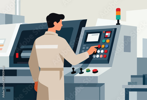A worker in uniform interacts with a machine console with buttons and a light stack. Industrial setting