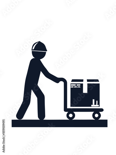 A simplified icon representing the supply chain process, with a delivery man wearing a helmet transporting goods on a hand truck