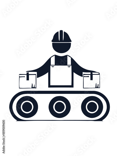 Industrial worker overseeing products moving on a conveyor belt in a factory setting, signifying production and manufacturing processes