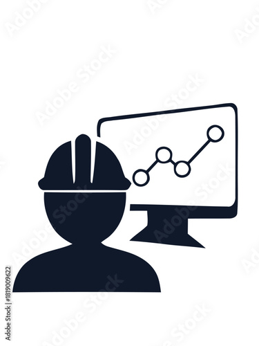 Construction Worker Analyzing Financial Growth with Chart on Computer Screen, Concept Icon